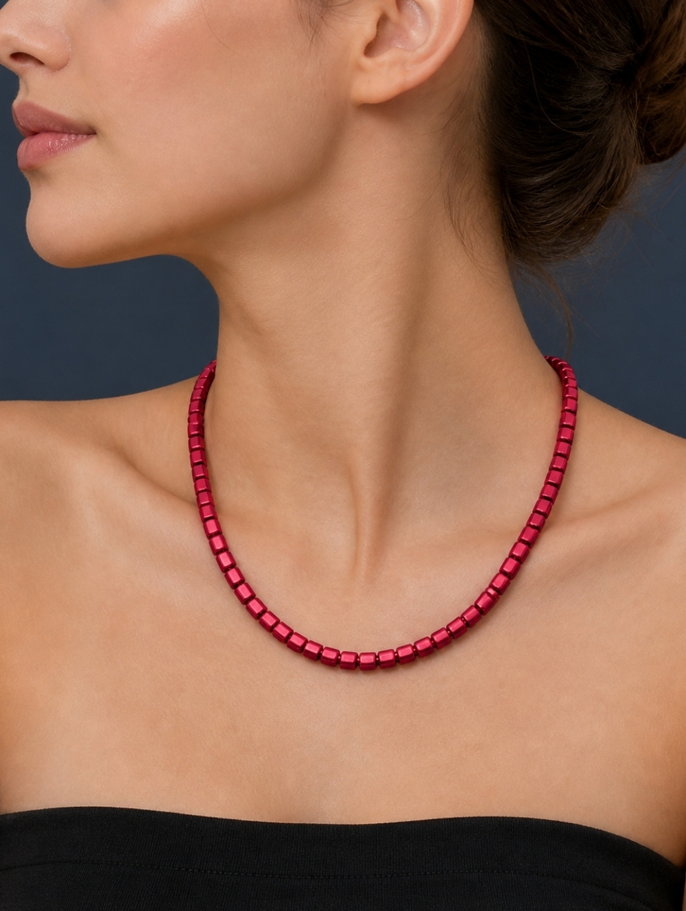ALEXA RAE Hot Pink Fuscia Metal Square Beaded Necklace